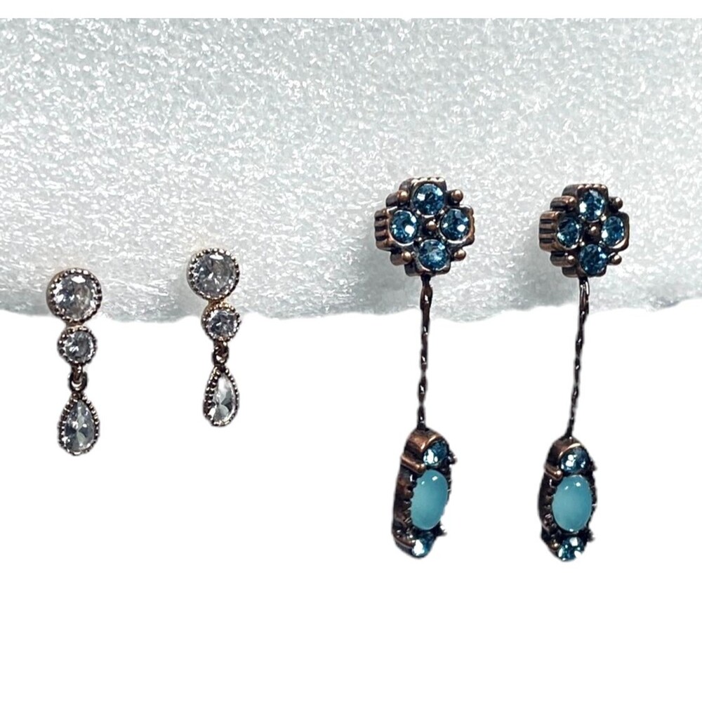Lot Rhinestone Dangle Drop Earrings Blue Flower Copper Gold Tone Boho Chic